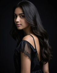 Elegant woman with long wavy black hair wearing stylish black dress posing against dark background, AI-generated portrait with soft lighting