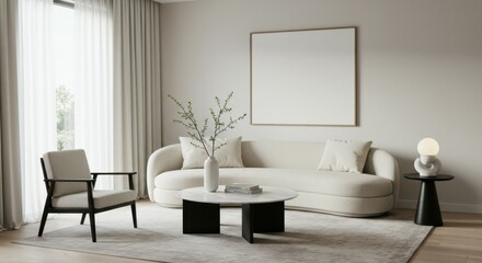 Minimalist living room, neutral tones, curved white sofa, black accent chair, round coffee table, white vase with branches, table lamp, large window with sheer curtains, empty picture frame, monochrom