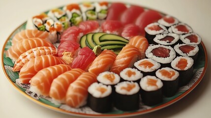 Delicious Assortment of Sushi on a Decorative Platter Showcasing Various Types and Styles in an Elegant Presentation