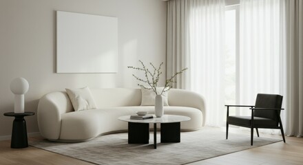 Minimalist living room, neutral tones, curved white sofa, black accent chair, round coffee table, white vase with branches, table lamp, large window with sheer curtains, empty picture frame, monochrom