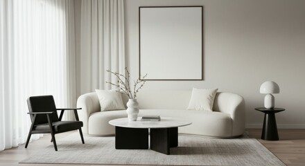 Minimalist living room, neutral tones, curved white sofa, black accent chair, round coffee table, white vase with branches, table lamp, large window with sheer curtains, empty picture frame, monochrom
