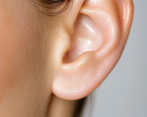 Fototapeta premium Close-up of a human ear, showcasing the intricate details of the skin and shape, highlighting personal features.