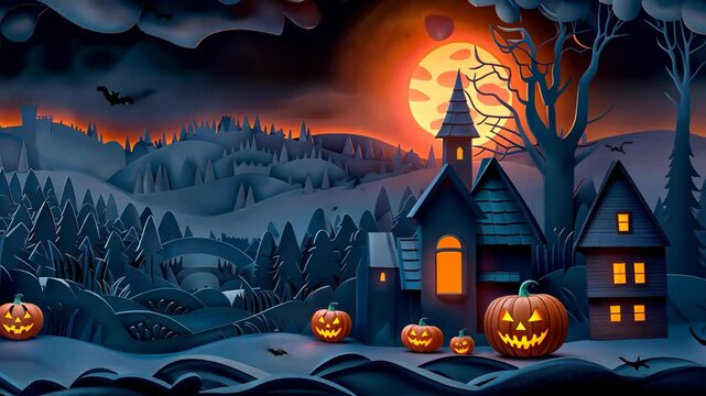 paper craft scenery, Halloween town with Jack-o-lantern pumpkins, hunted house, bat, spooky atmosphere with light glow