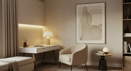 Minimalist home office, neutral tones, white desk, ergonomic chair, floating shelves, modern floor lamp, cozy rug, framed artwork, natural light, Scandinavian design, clean lines, organized workspace,