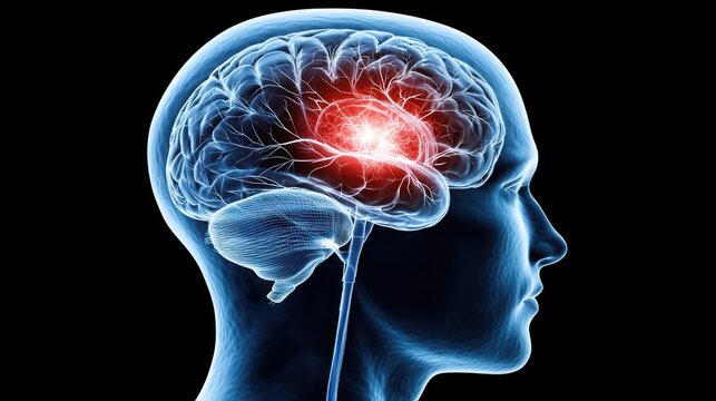 Digital illustration of stroke impact on cognitive functions, brain with disrupted neural pathways, cerebrovascular, neurology.