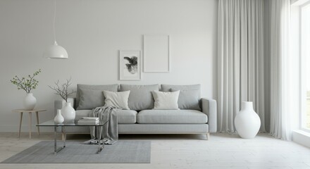 modern minimalist living room, light gray sofa, white walls, round glass coffee table, white curtains, framed artwork, potted plant, monochromatic color scheme, natural light, clean lines, elegant int