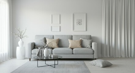 Fototapeta premium modern minimalist living room, light gray sofa, white walls, round glass coffee table, white curtains, framed artwork, potted plant, monochromatic color scheme, natural light, clean lines, elegant int
