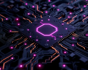 Obraz premium Close-up of a modern microchip showcasing intricate circuitry and vibrant neon lights.