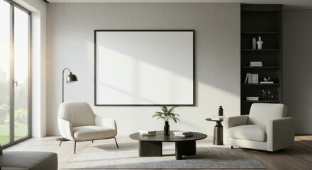 Modern minimalist living room, neutral tones, white walls, large framed artwork, beige armchairs, round coffee table, floor lamp, potted plant, wooden flooring, natural light, clean lines, uncluttered