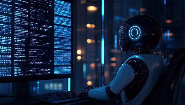 Robot programmer coding in server room