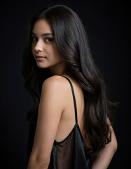 Portrait of young woman with long wavy black hair wearing elegant black dress against dark background