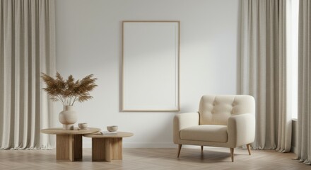 Minimalist living room, neutral tones, beige armchair, wooden round coffee tables, dried pampas grass arrangement, large empty picture frame, textured wall, floor-to-ceiling curtains, cozy interior de