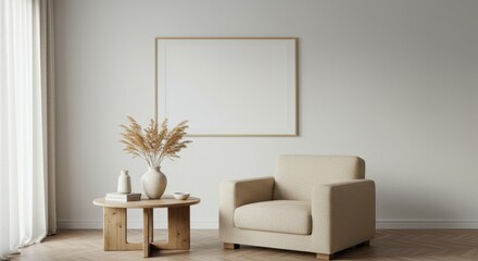 Minimalist living room, neutral tones, beige armchair, wooden round coffee tables, dried pampas grass arrangement, large empty picture frame, textured wall, floor-to-ceiling curtains, cozy interior de
