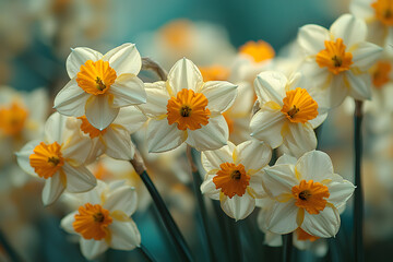 A vibrant painting of daffodils in a field, bathed in golden sunlight. Soft brush strokes create a dreamy, serene atmosphere.