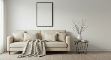 Minimalist living room, beige sofa, white walls, empty picture frame, side table with lamp, decorative branches, throw blanket, neutral tones, cozy interior, modern design, natural light, clean lines,