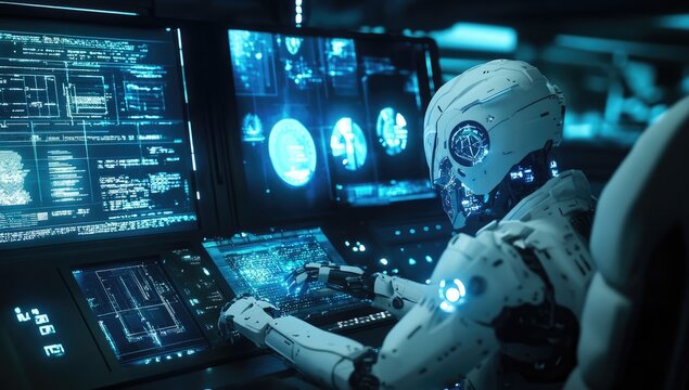 Futuristic robot operates complex console in a spaceship cockpit - Powered by Adobe