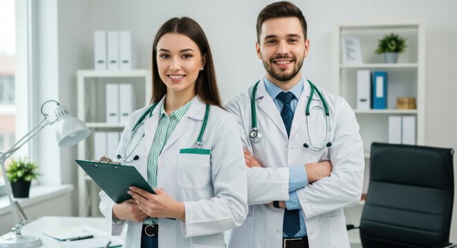 Photo of a pair of doctors posing for the camera and looking friendly