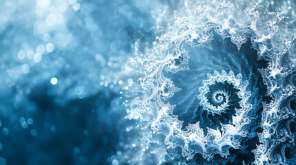 Frozen spiral abstract fractal ice crystal pattern winter background blue photography macro art