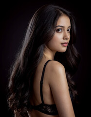 Fototapeta premium Elegant woman with long wavy black hair wearing black lace lingerie posing against dark background, soft lighting and smooth skin enhancing beauty
