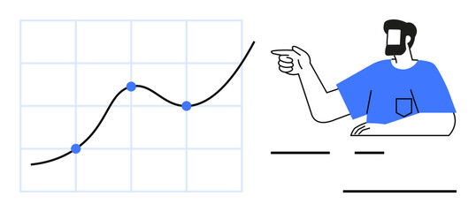 Individual pointing to a rising line chart with data points. Ideal for presentations, growth tracking, financial analysis, business strategy, market trends, data interpretation, educational content