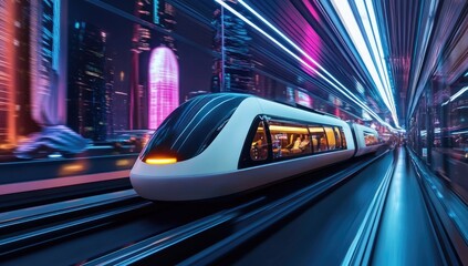 Futuristic train in urban tunnel at night