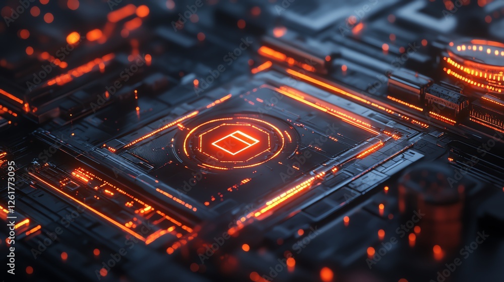 Poster modern circuit board with glowing orange elements showcasing advanced technology and intricate desig