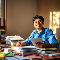 Es un estudiante hispano-estadounidense. Est&aacute;s sonriendo.