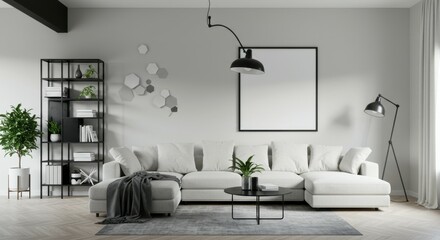 Minimalist living room, Scandinavian design, white walls, gray sofa, black metal bookshelf, pendant light, potted plant, framed artwork, textured throw pillows, coffee table, cozy atmosphere, neutral 