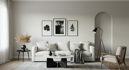 Modern minimalist living room, white walls, arched doorway, gray sofa, black and white framed art, dried pampas grass, floor lamp, coffee table, neutral color palette, Scandinavian design, natural lig