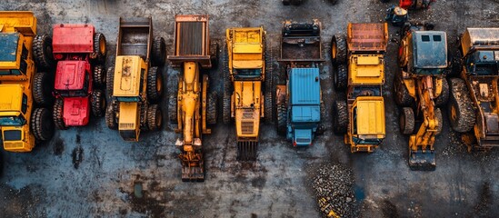 Aerial view of various construction vehicles parked on a gravel surface in a worksite