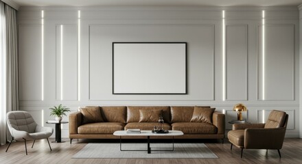 Elegant living room, neoclassical interior design, white paneled walls, large leather sofa, modern armchair, black coffee table, minimalist decor, vertical light fixtures, empty picture frame, muted c