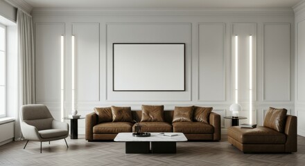 Elegant living room, neoclassical interior design, white paneled walls, large leather sofa, modern armchair, black coffee table, minimalist decor, vertical light fixtures, empty picture frame, muted c