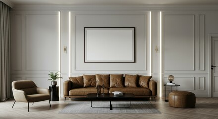 Fototapeta premium Elegant living room, neoclassical interior design, white paneled walls, large leather sofa, modern armchair, black coffee table, minimalist decor, vertical light fixtures, empty picture frame, muted c