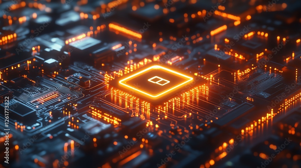 Poster stunning close-up view of a glowing microprocessor on a circuit board showcasing advanced technology