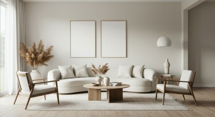 Minimalist living room, neutral color palette, beige sofa, wooden armchairs, round coffee table, white wall, empty picture frames, table lamp, dried pampas grass, natural light, Scandinavian design, c