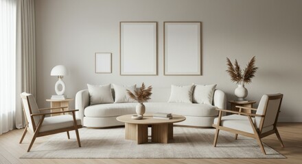 Minimalist living room, neutral color palette, beige sofa, wooden armchairs, round coffee table, white wall, empty picture frames, table lamp, dried pampas grass, natural light, Scandinavian design, c
