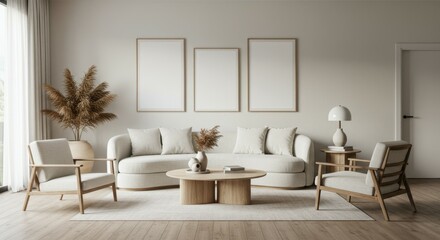 Minimalist living room, neutral color palette, beige sofa, wooden coffee table, rattan armchair, dried pampas grass, white picture frames, natural textures, soft lighting, Scandinavian design, cozy in