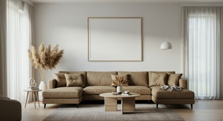 Cozy living room, neutral color palette, tan leather sofa, white brick wall, large empty frame, dried pampas grass decor, minimalist coffee table, wooden floor, soft lighting, Scandinavian design infl
