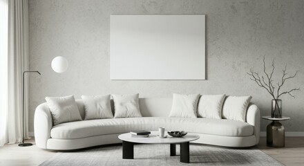 minimalist living room, curved white sofa, round black coffee table, arc floor lamp, large blank canvas, bare tree branches in vase, monochromatic palette, textured wall, modern interior design, clean