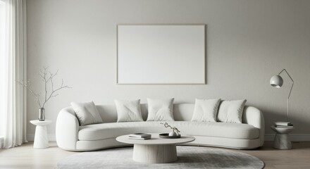 minimalist living room, curved white sofa, round black coffee table, arc floor lamp, large blank canvas, bare tree branches in vase, monochromatic palette, textured wall, modern interior design, clean