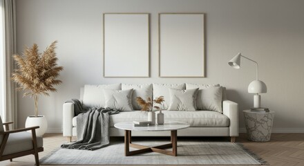 Modern living room, Scandinavian design, white sofa, black metal shelving unit, potted plants, minimalist decor, gray throw pillows, floor lamp, coffee table, framed artwork, neutral color palette, ha