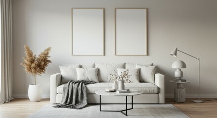 Modern living room, Scandinavian design, white sofa, black metal shelving unit, potted plants, minimalist decor, gray throw pillows, floor lamp, coffee table, framed artwork, neutral color palette, ha