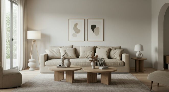 modern living room, neutral tones, beige sofa, wooden coffee tables, arched doorway, white walls, decorative wall art, minimalist decor, natural light, cozy interior, contemporary design, textured cus