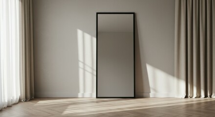 Minimalist interior, empty picture frame, white wall, wooden floor, sunlight and shadows, neutral tones, zen atmosphere, clean lines, simplicity, negative space, contemporary design, calm mood, soft l