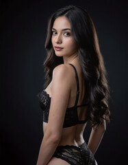 Naklejka premium Elegant woman with long wavy hair wearing black lace lingerie posing against dark background, looking over shoulder with confident expression
