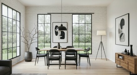Modern minimalist dining room, large windows, natural light, black dining table, grey chairs, pendant light, wooden sideboard, framed artwork, white walls, hardwood floors, Scandinavian design, open s