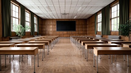 Empty Classroom, Wooden Desks, Large Windows, Empty Hall