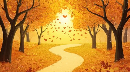 A winding path through an autumnal forest with falling leaves