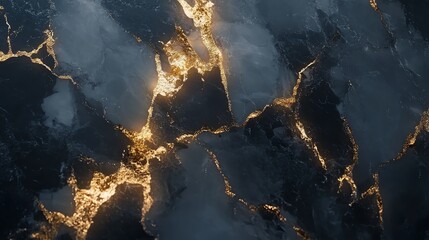 An aerial view of vibrant, glowing cracks in dark rock, showcasing the hidden beauty of geological formations and the intricate dance of light and shadow in nature's artwork.