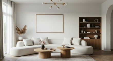 Minimalist living room, curved white sofa, round coffee tables, arched window, white brick wall, large blank canvas, dried pampas grass, spherical pendant light, beige tones, natural light, Scandinavi